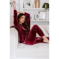 Fiery Red Solid Velvet Two Piece Lounge Set - XL thumbnail