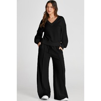 Black V Neck Cropped Seamed High Waist Sports Wear - S thumbnail