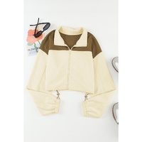 Beige Color Block Drawstring Cropped Athleisure Jacket - L thumbnail