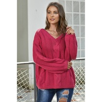 Rose Bubblegum V-Neck Braided Knit Sweater - M thumbnail