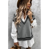 Azura Exchange Gray V Neck Contrast Stripes Trims Short Sleeve Sweater - L thumbnail