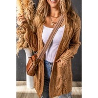 Azura Exchange Khaki Ribbed Trim Eyelet Cable Knit Cardigan - M thumbnail