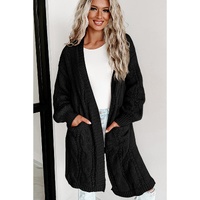 Black Ribbed Trim Eyelet Cable Knit Cardigan - L thumbnail