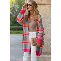 Medium Grey Stripe Printed Ribbed Long Knitted Cardigan - L thumbnail