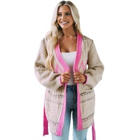 Gray Geometric Cable Knit Pocketed Open Front Cardigan - L thumbnail