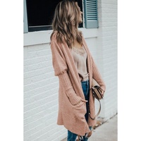 Smoke Gray Ribbed Trim Puff Sleeve Open Cardigan - L thumbnail