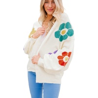 White Flower Jacquared Bubble Sleeve Open Cardigan - S thumbnail
