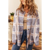 Sky Blue Fuzzy Plaid Collared Button Up Cardigan - M thumbnail