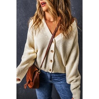 Beige Plain Knitted Buttoned V Neck Cardigan - M thumbnail