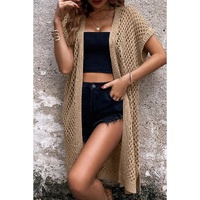 Camel Batwing Sleeve Pointelle Knit Open Front Cardigan - S thumbnail
