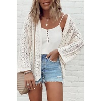 White Stylish Hollow Out Knit Drop Shoulder Cardigan - L thumbnail