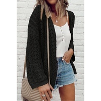 Black Hollow Out Knit Drop Shoulder Open Front Cardigan - L thumbnail