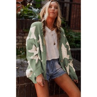 Green Sherpa Star Pattern Textured Sweater Cardigan with Pockets - S thumbnail