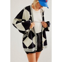 Black Colorblock Drop Shoulder Buttoned Loose Cardigan - XL thumbnail