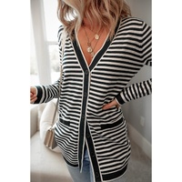 Black Stripe Long Sleeve Button up Tunic Cardigan - L thumbnail