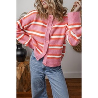 Pink Stripe Drop Shoulder Buttons Cardigan Sweater - 2XL thumbnail