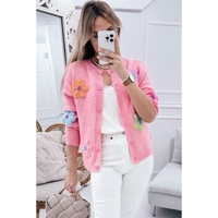 Pink Cute Knitted Floral Pattern Button Up Cardigan - S thumbnail