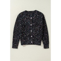 Black Rhinestone Decor Multicolor Confetti Sweater Cardigan - L thumbnail