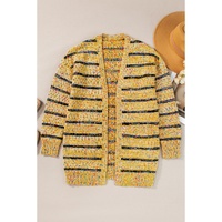 Beige Striped Pom Pom Knit Open Front Long Cardigan - M thumbnail
