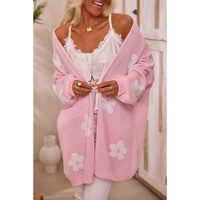 Pink Floral Print Knitted Open Front Loose Cardigan - S thumbnail