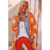 Orange Floral Print Knitted Open Front Loose Cardigan - M thumbnail