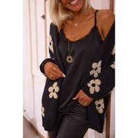 Black Floral Print Knitted Open Front Loose Cardigan - M thumbnail