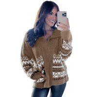 Brown Western Printed Ribbed Trim Collared Zip up Cardigan - L thumbnail
