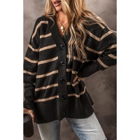 Black Stripe Buttoned V Neck Drop Shoulder Loose Cardigan - 2XL thumbnail