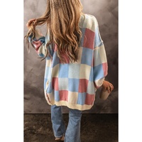 Light Blue Checkered Drop Shoulder Exposed Seam Open Front Cardigan - S thumbnail