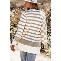 Smoke Gray Gingham Striped Knitted Open Front Cardigan - L thumbnail