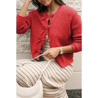 Fiery Red Ribbed Knit Bow Front Buttoned Cardigan - XL thumbnail