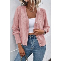 Sepia Rose Textured Knit Pearl Beaded Button Up Cardigan - L thumbnail