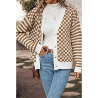 Brown Checkered Striped Patched Buttoned V Neck Cardigan - L thumbnail