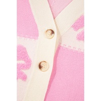 Pink Bowknot Checkered Pattern V Neck Drop Shoulder Button Up Cardigan - L thumbnail