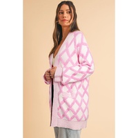 Pink Rhombus Pattern Knit Open Front Pocketed Cardigans - L thumbnail