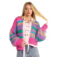 Rose Stripe Colorful Puff Sleeve Drop Shoulder Loose Cardigan - M thumbnail