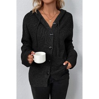 Black Drawstring Hooded Button Up Drop Shoulder Sweater Cardigan - S thumbnail