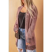 Pink Plaid Knitted Long Open Front Cardigan - L thumbnail
