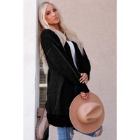 Black Plaid Knitted Long Open Front Cardigan - M thumbnail