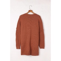 Brown Open Front Woven Texture Knitted Cardigan with Pockets - S thumbnail