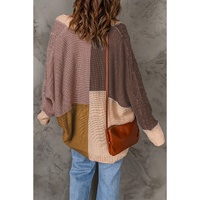 Brown Color Block Loose Open Front Knitted Cardigan - L thumbnail
