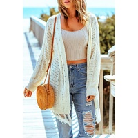 Beige Tasseled Hollow-out Cable Knit Cardigan - One Size thumbnail
