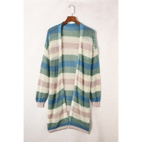 Green Striped Color Block Hollowed Knit Cardigan - M thumbnail