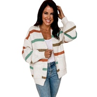 Azura Exchange Beige Drop Shoulder Pocketed Stripe Sweater Cardigan - XL thumbnail