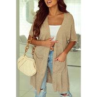 Khaki Dolman Half Sleeve Pocketed Long Cardigan - S thumbnail