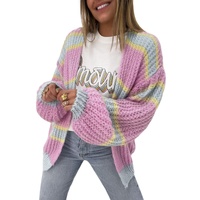 Pink Contrast Striped Open Front Cable Cardigan - M thumbnail