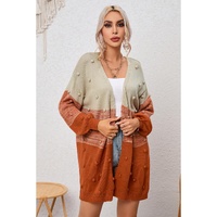 Azura Exchange Brown Pompom Color Block Open Front Cardigan - M thumbnail