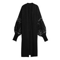 Black Crochet Lace Sleeve Ribbed Knit Cardigan - M thumbnail