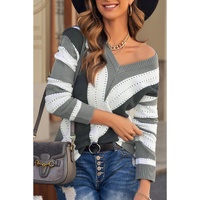 Gray Striped Colorblock V Neck Knitted Sweater - XS thumbnail