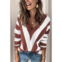 Brown Striped Colorblock V Neck Knitted Sweater - S thumbnail